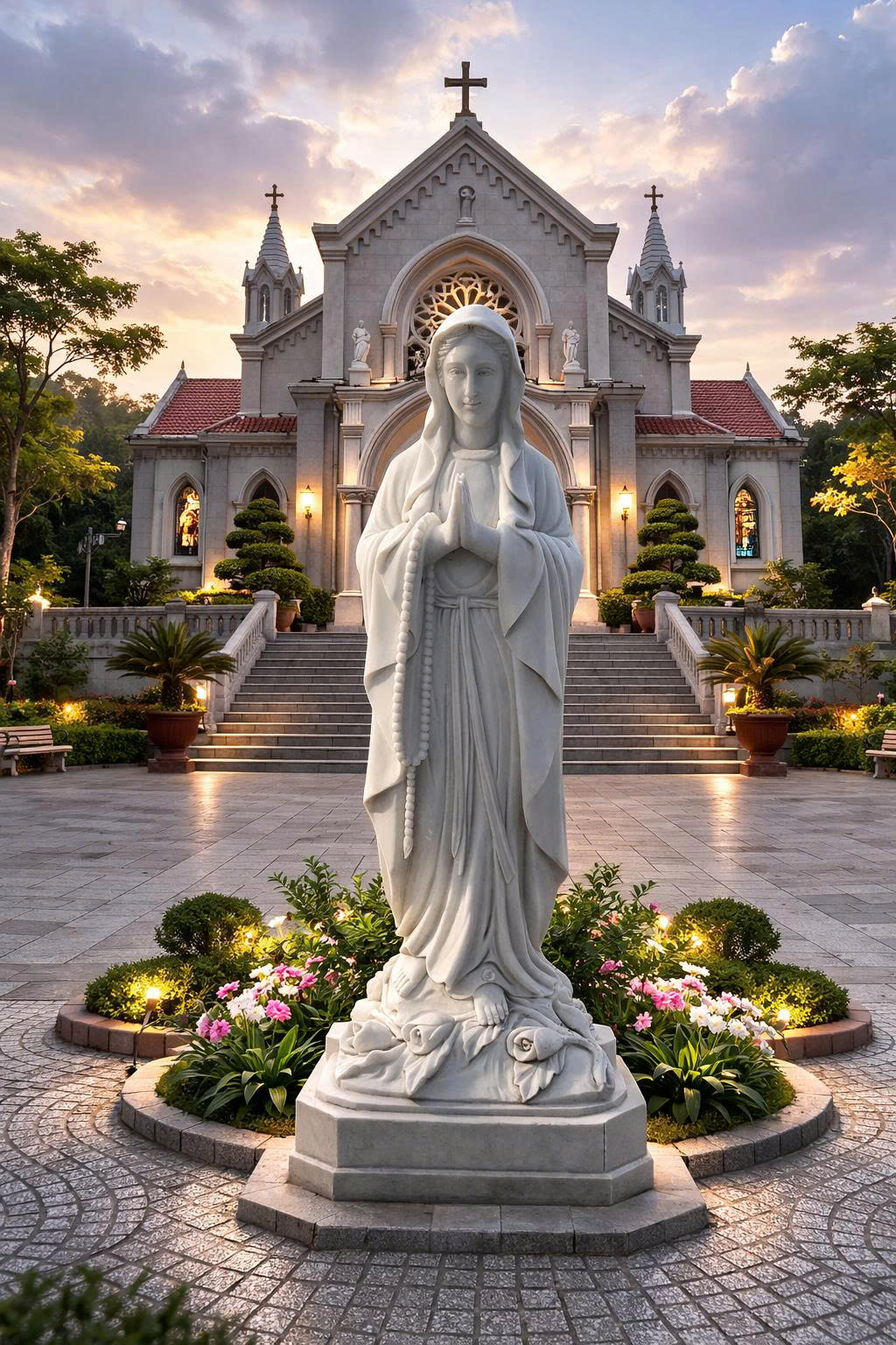 Tượng đá Đức Mẹ Maria cầu nguyện đá trắng
